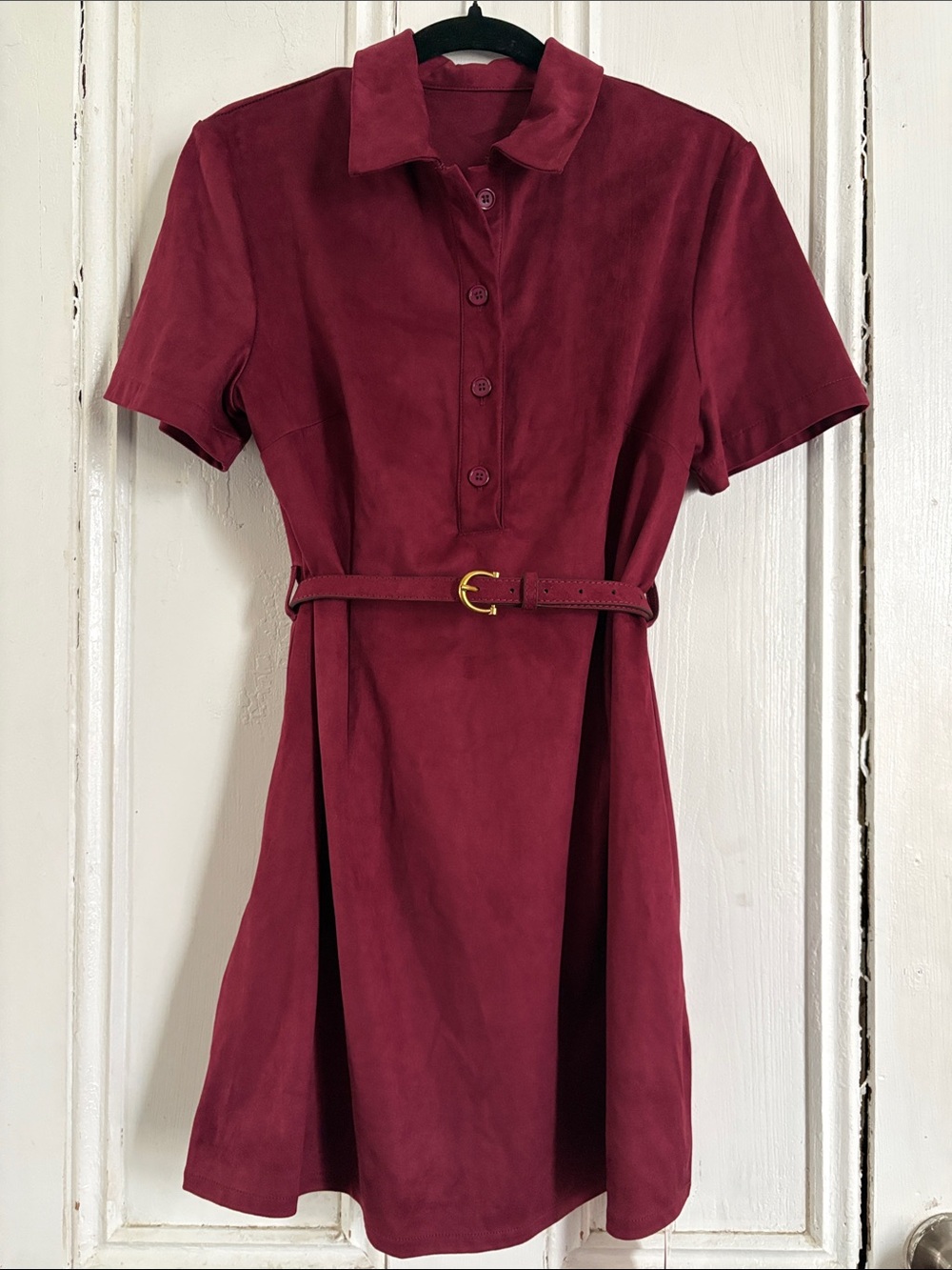 Women's Faux Suede Short Sleeve Belted Shirt Dress in Wine/Burgundy